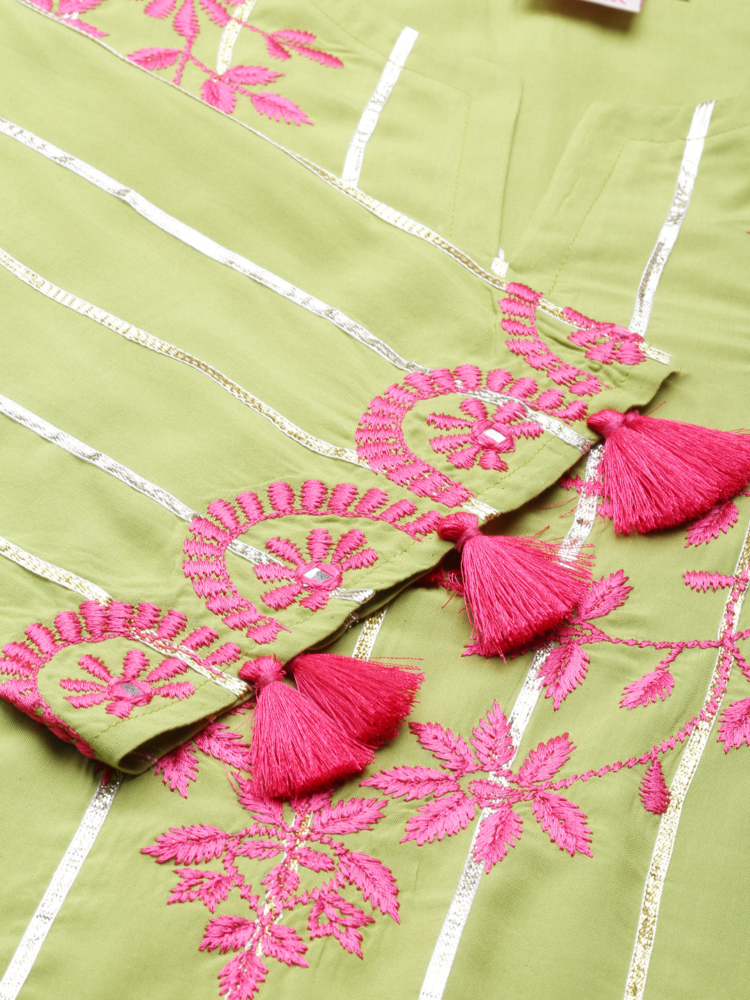 Neerus Green viscose rayon embroidered anarkali kurta set - detail view 1