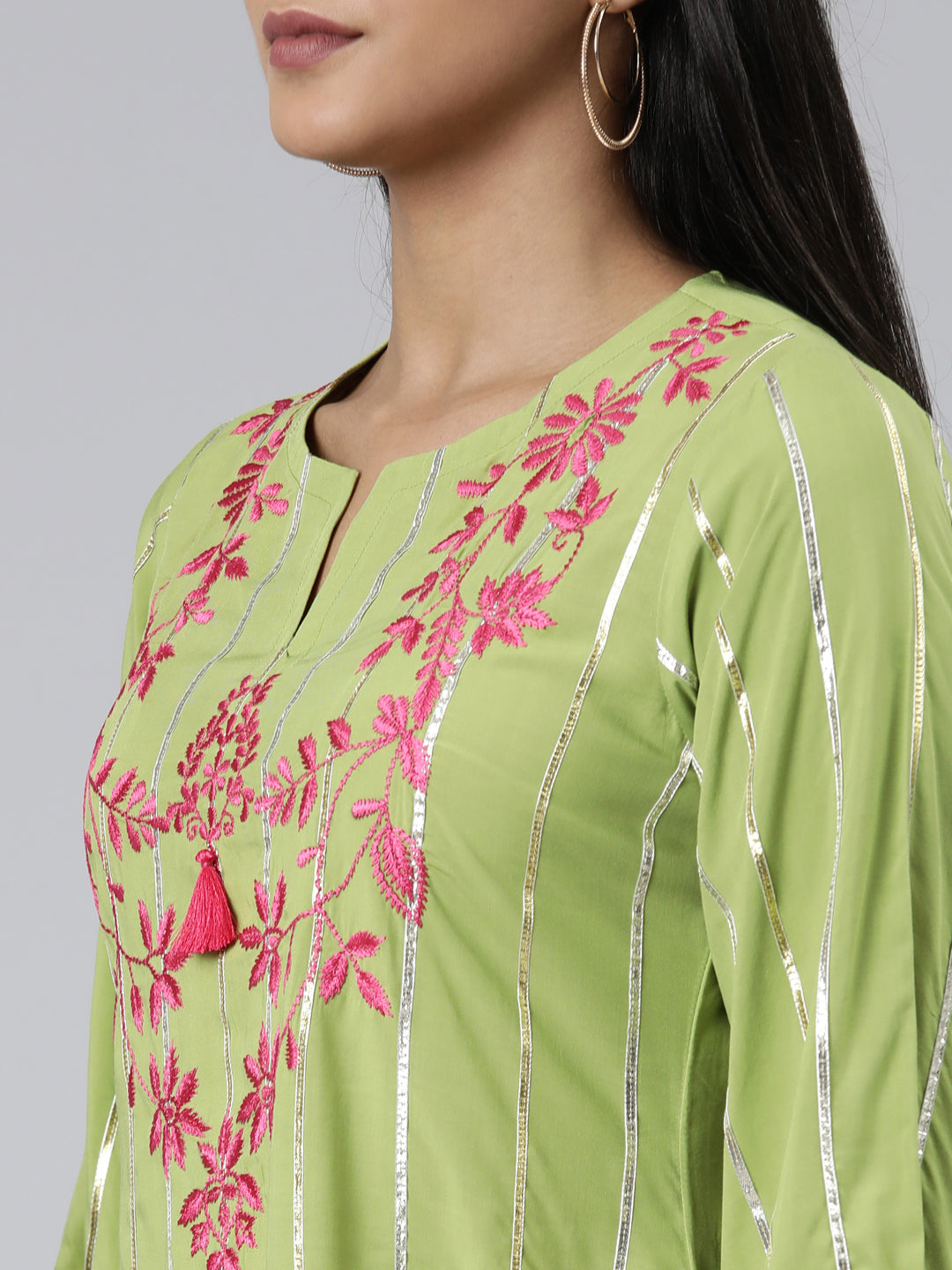 Neerus Green viscose rayon embroidered anarkali kurta set - detail view 2