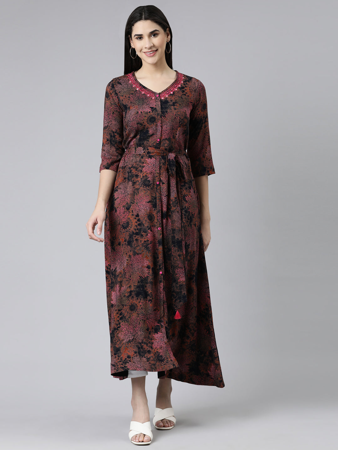 Neerus Multi viscose rayon printed flared maxi dress - front view