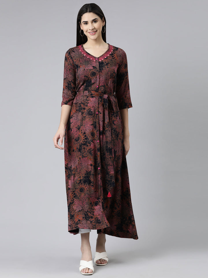 Neerus Multi viscose rayon printed flared maxi dress - front view