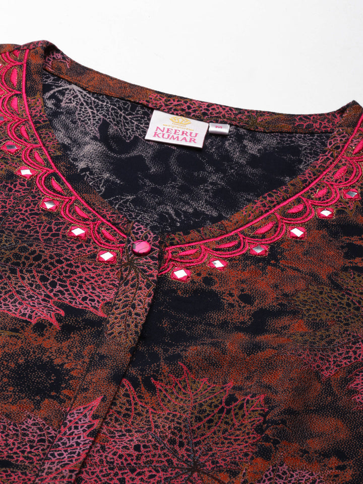 Neerus Multi viscose rayon printed flared maxi dress - detail view 2