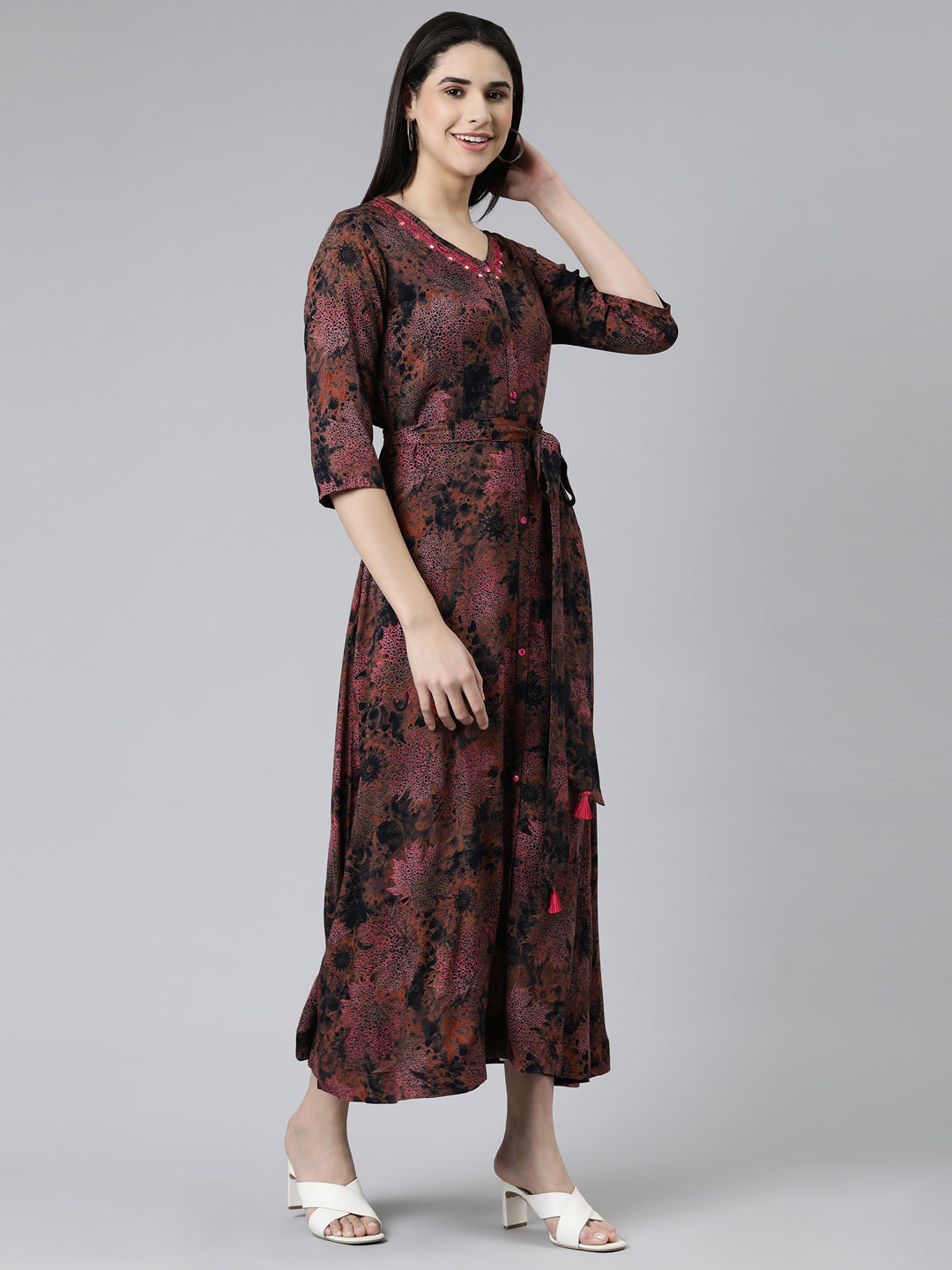 Neerus Multi viscose rayon printed flared maxi dress - back view
