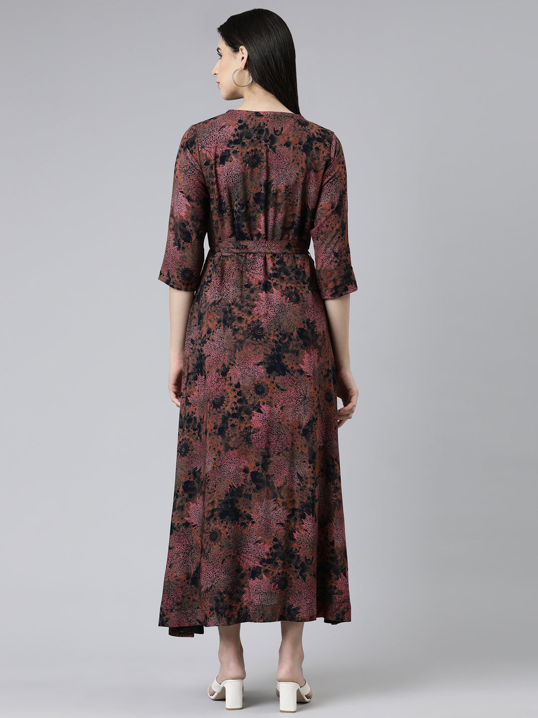 Neerus Multi viscose rayon printed flared maxi dress - side view