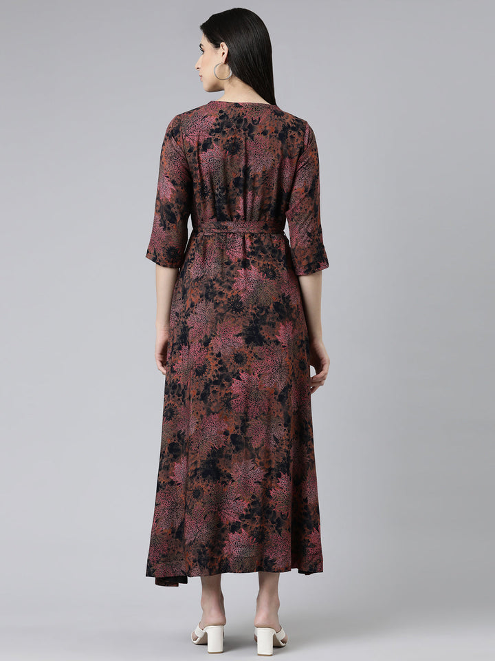 Neerus Multi viscose rayon printed flared maxi dress - side view
