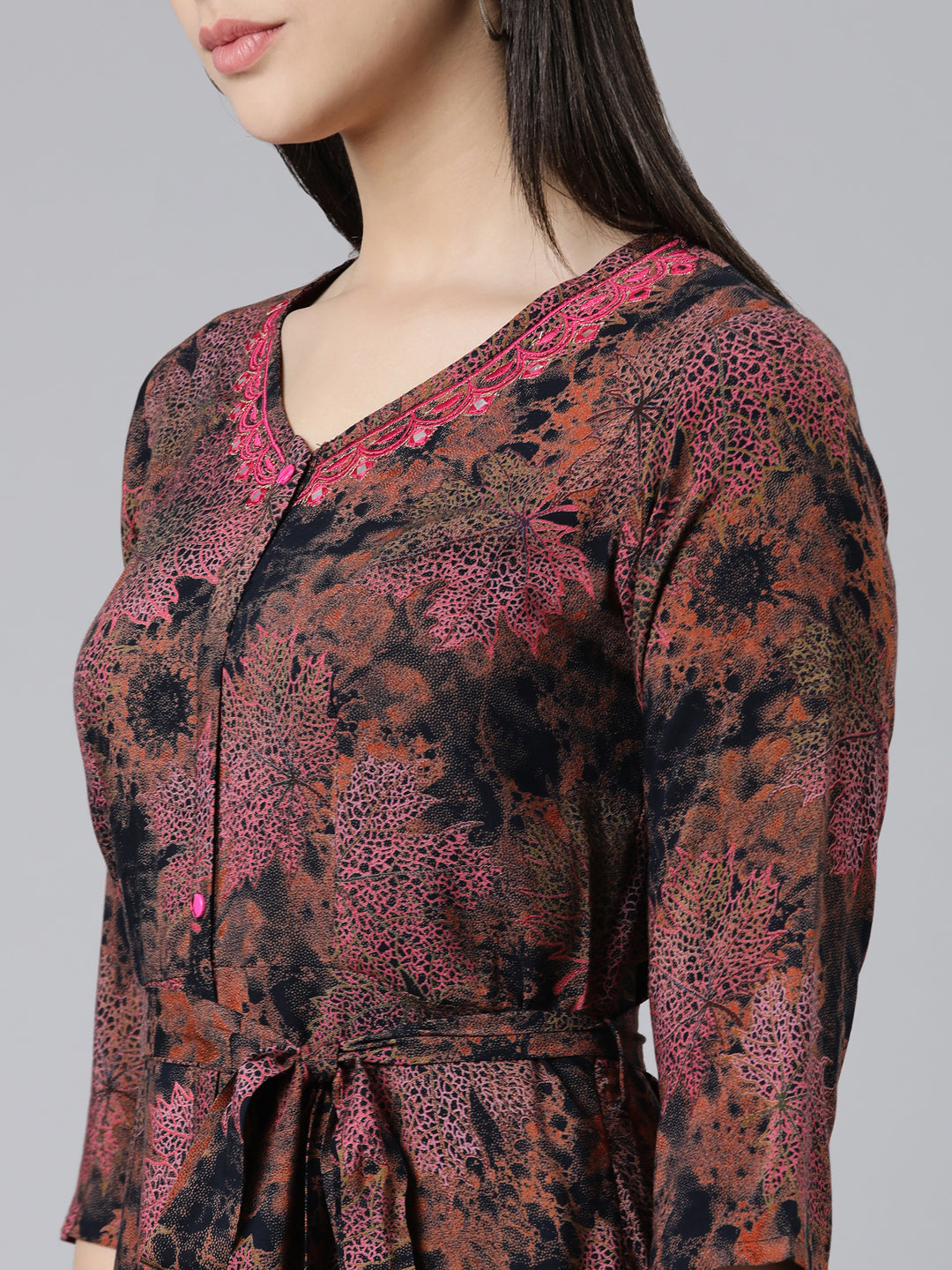 Neerus Multi viscose rayon printed flared maxi dress - detail view 1