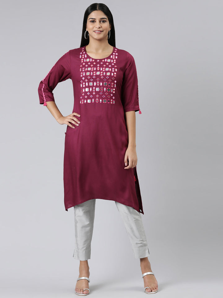 Neerus Purple viscose rayon mirror work kurti - front view