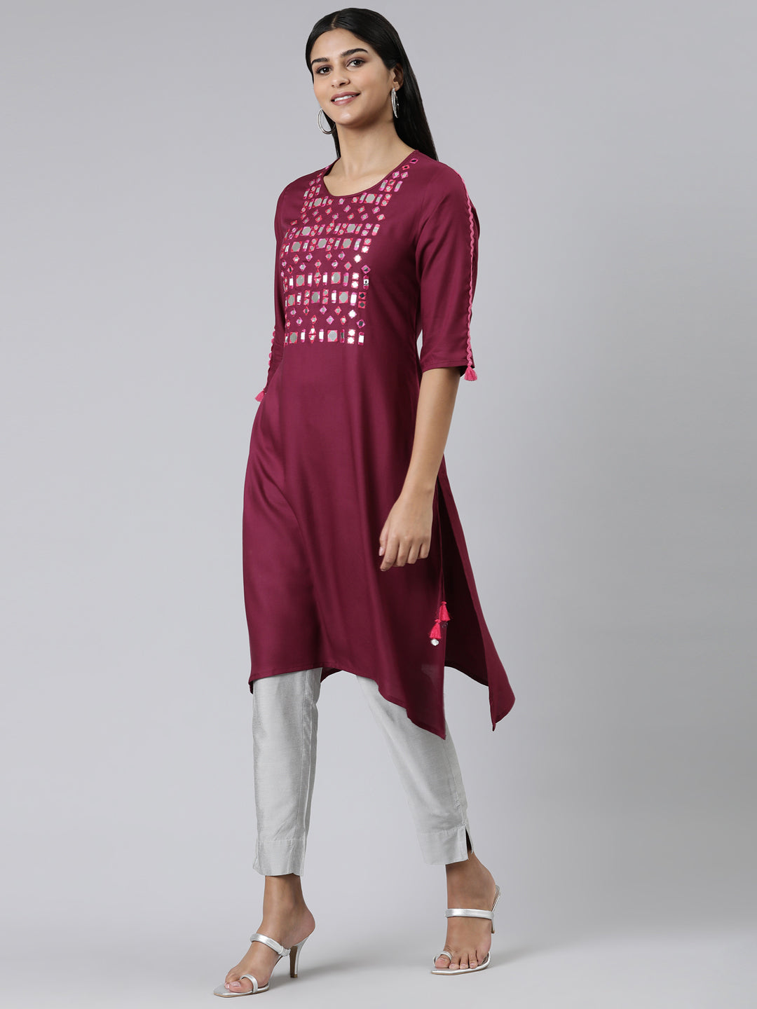 Neerus Purple viscose rayon mirror work kurti - back view