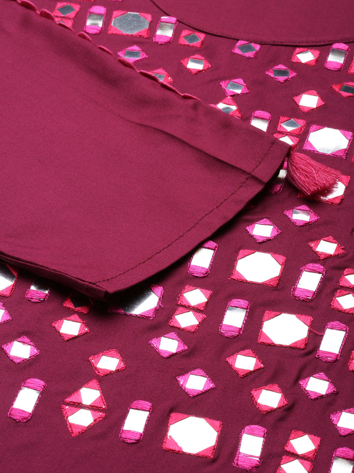 Neerus Purple viscose rayon mirror work kurti - detail view 1