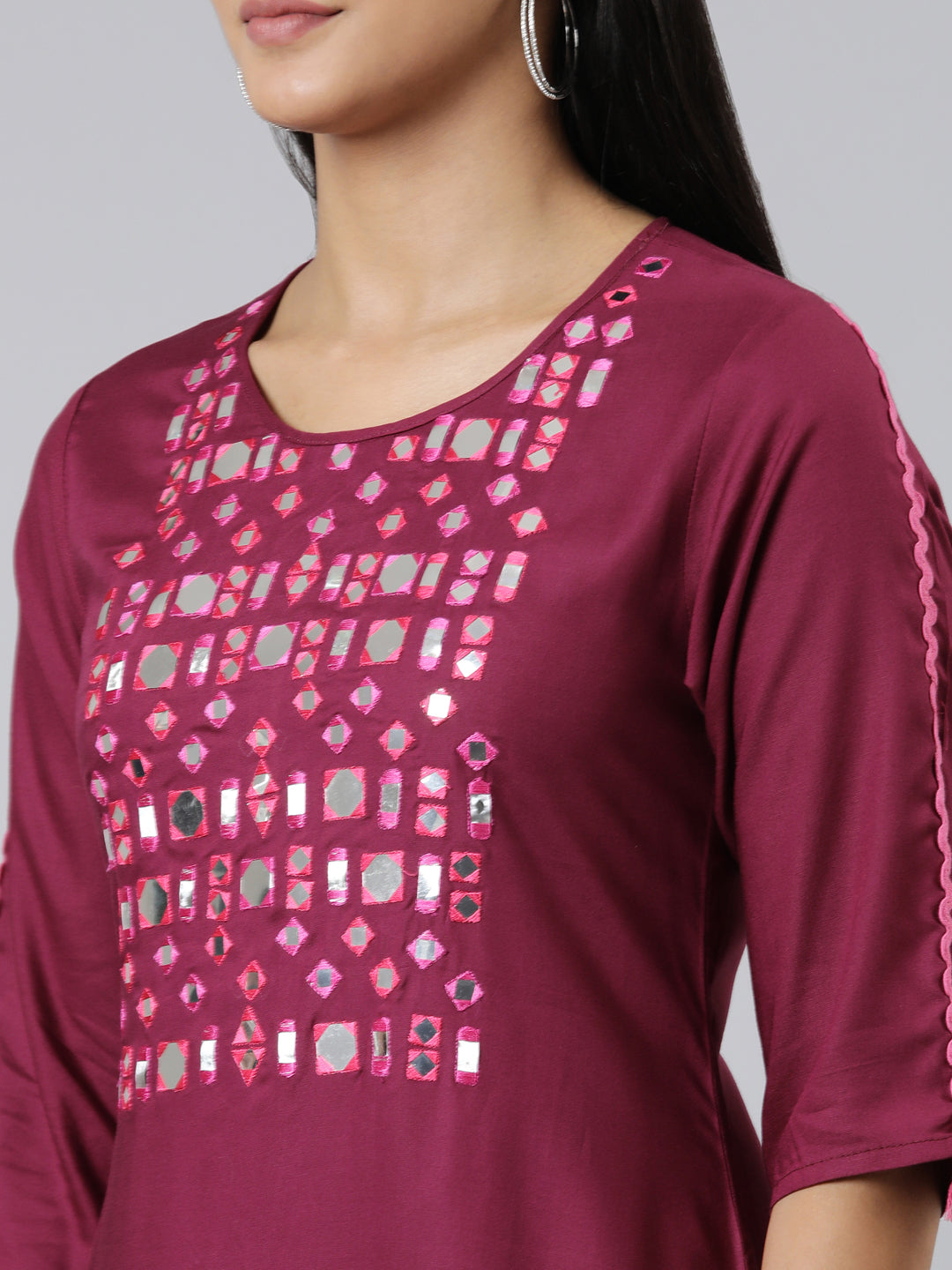 Neerus Purple viscose rayon mirror work kurti - detail view 2