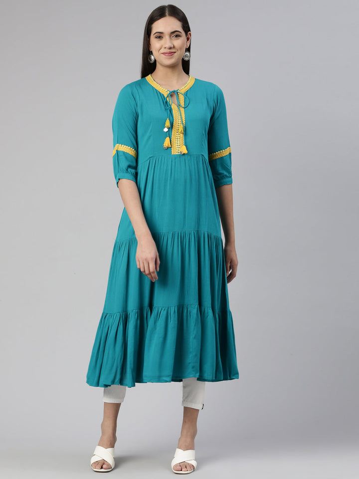 Neerus Green cotton silk anarkali kurti - front view