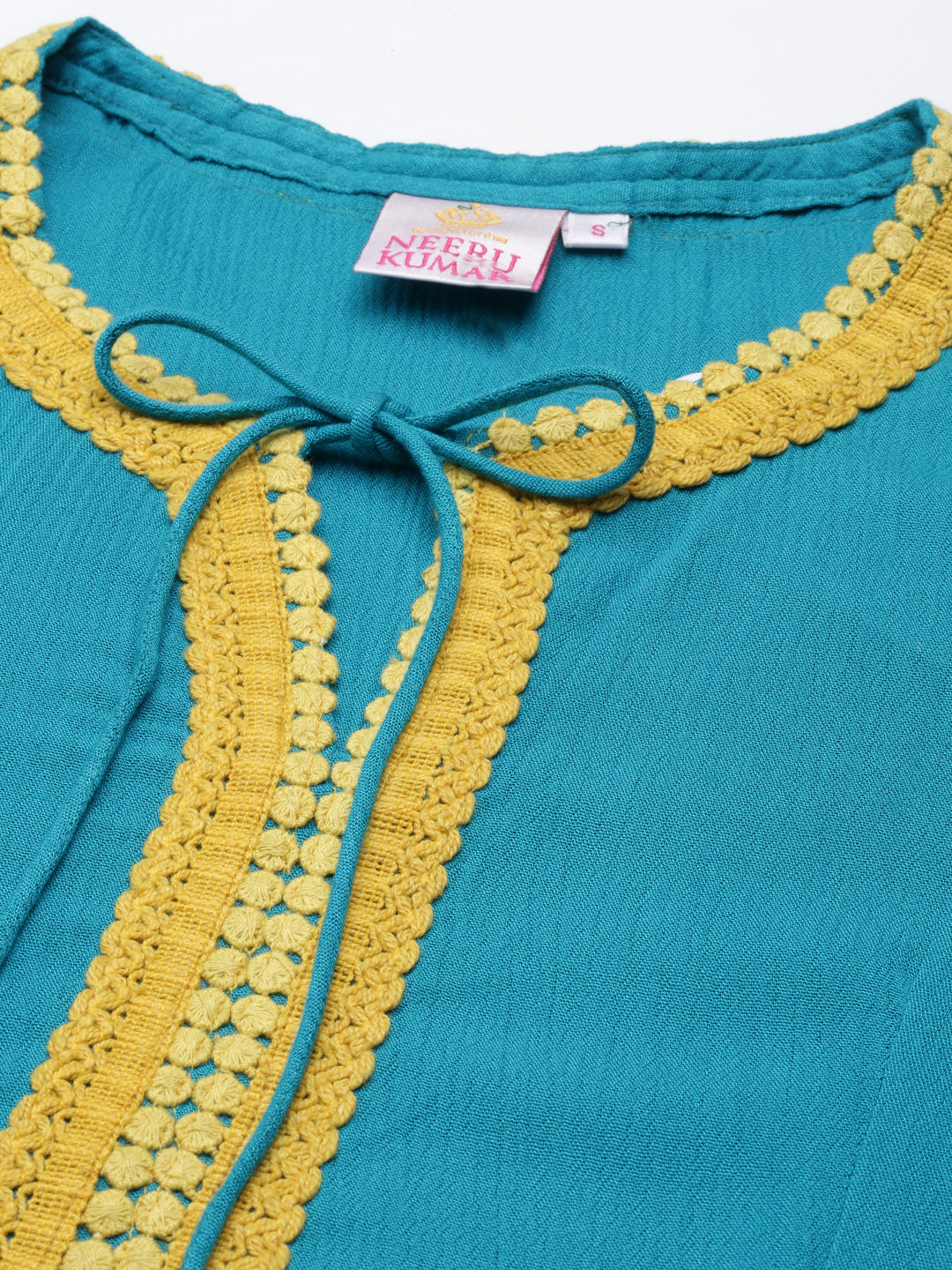 Neerus Green cotton silk anarkali kurti - detail view 3