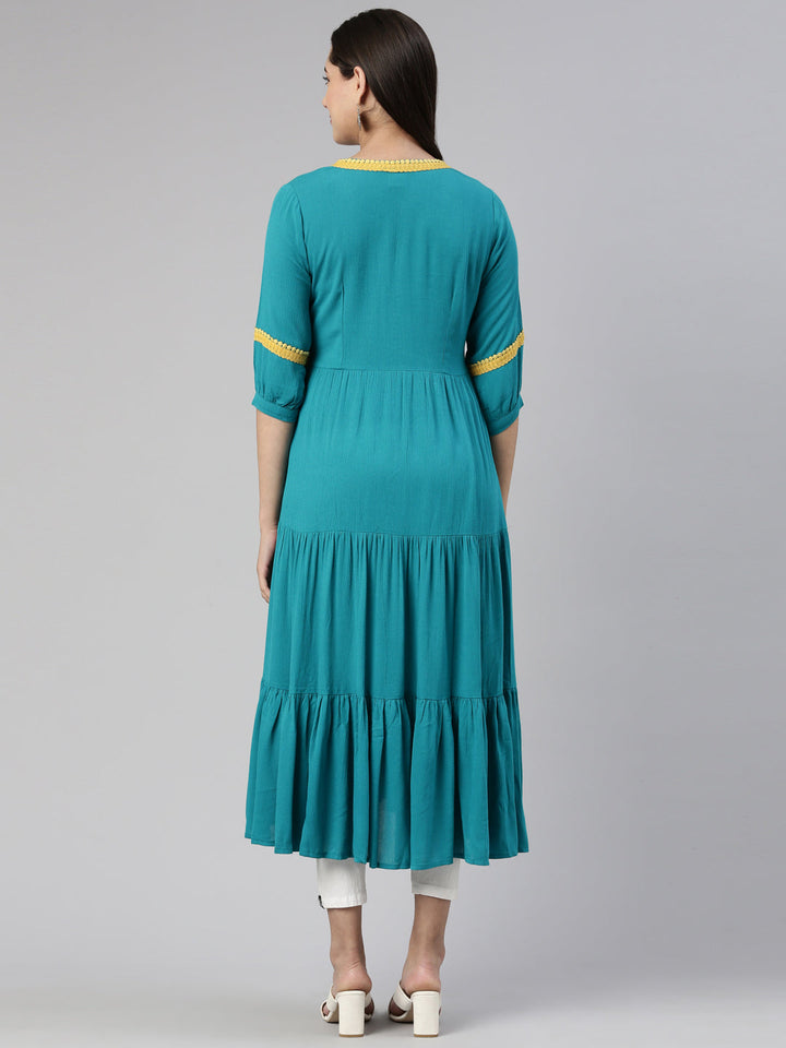Neerus Green cotton silk anarkali kurti - side view