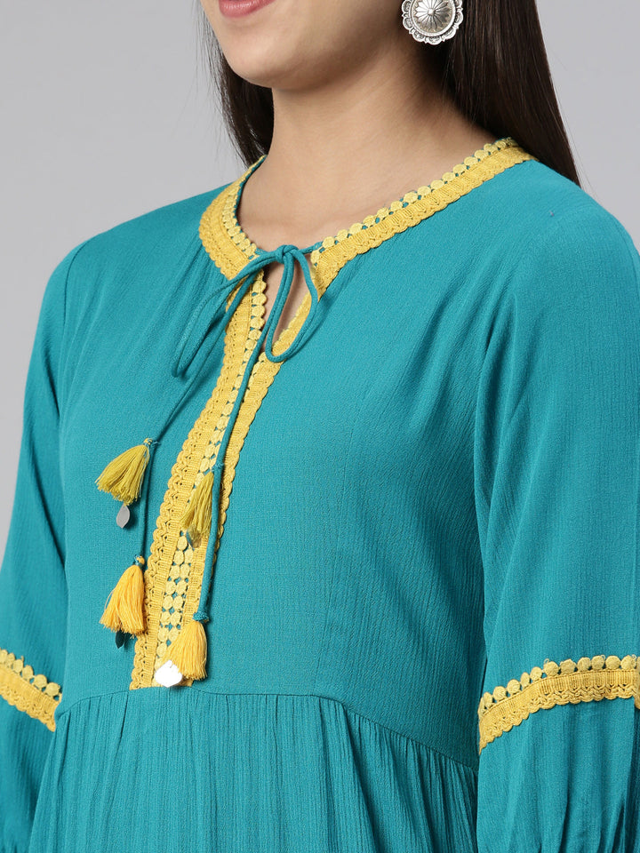 Neerus Green cotton silk anarkali kurti - detail view 1
