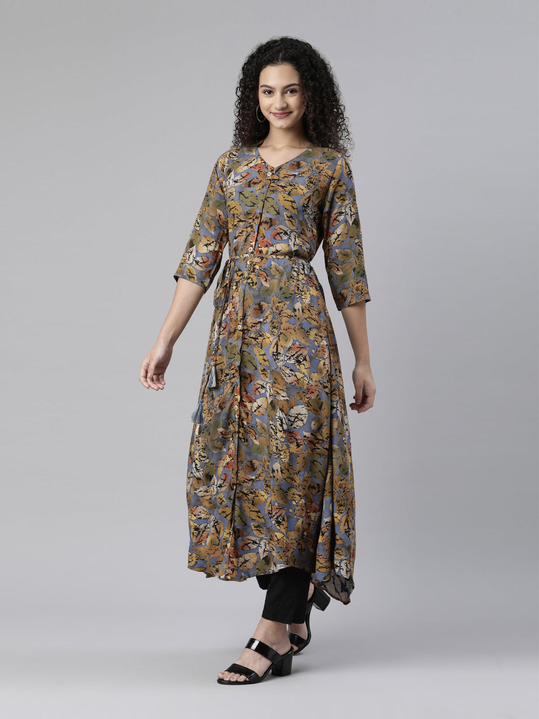 Neerus Multi floral printed A-line kurta high-low hem - back view