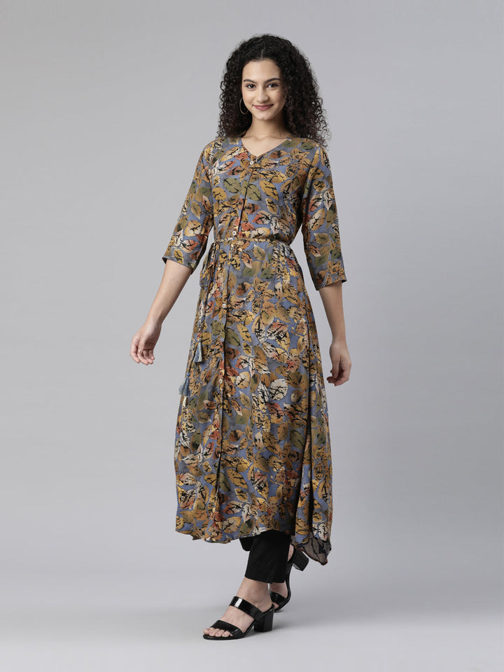 Neerus Multi floral printed A-line kurta high-low hem - back view