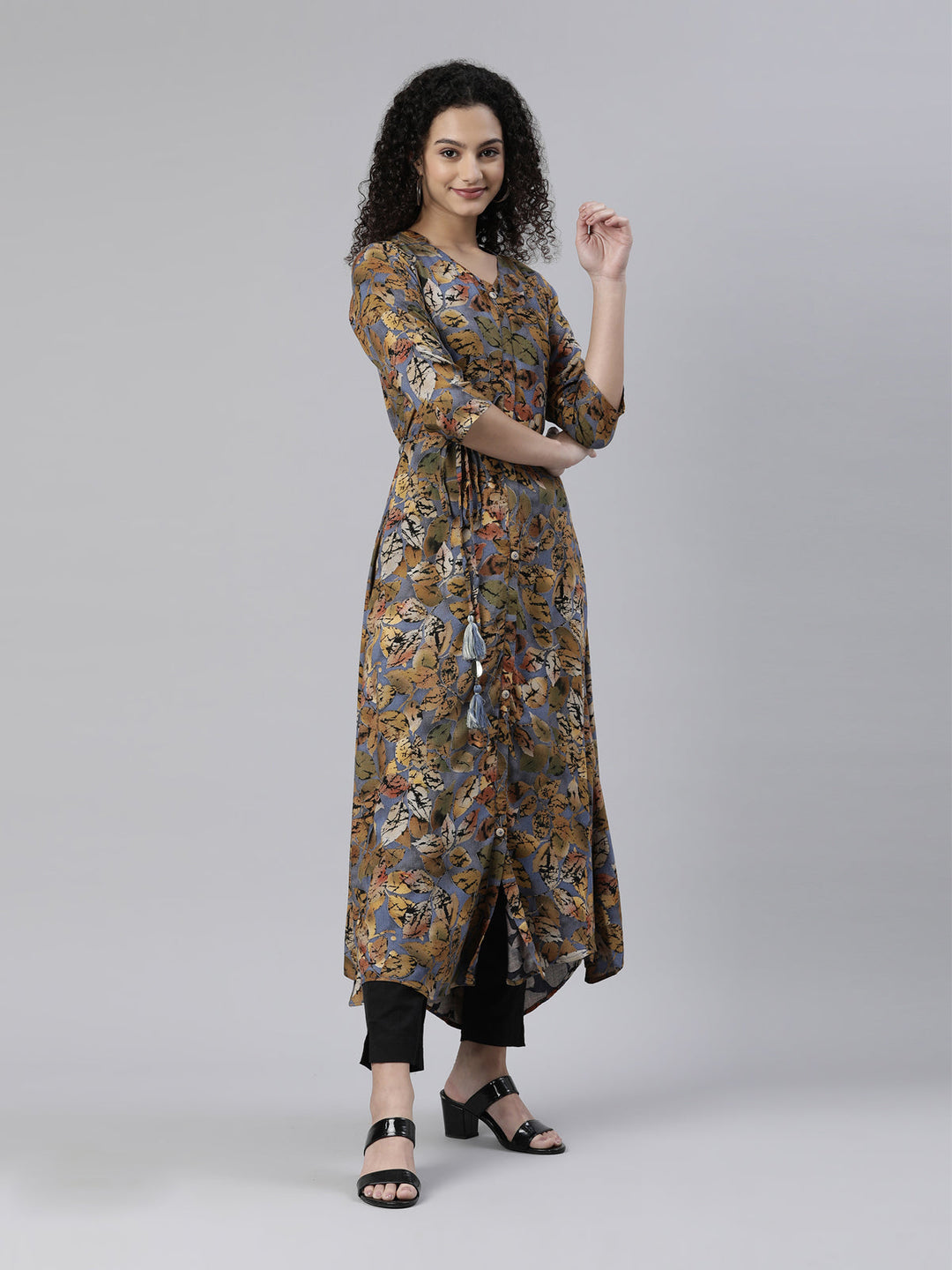 Neerus Multi floral printed A-line kurta high-low hem - side view