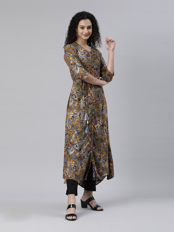 Neerus Multi floral printed A-line kurta high-low hem - side view