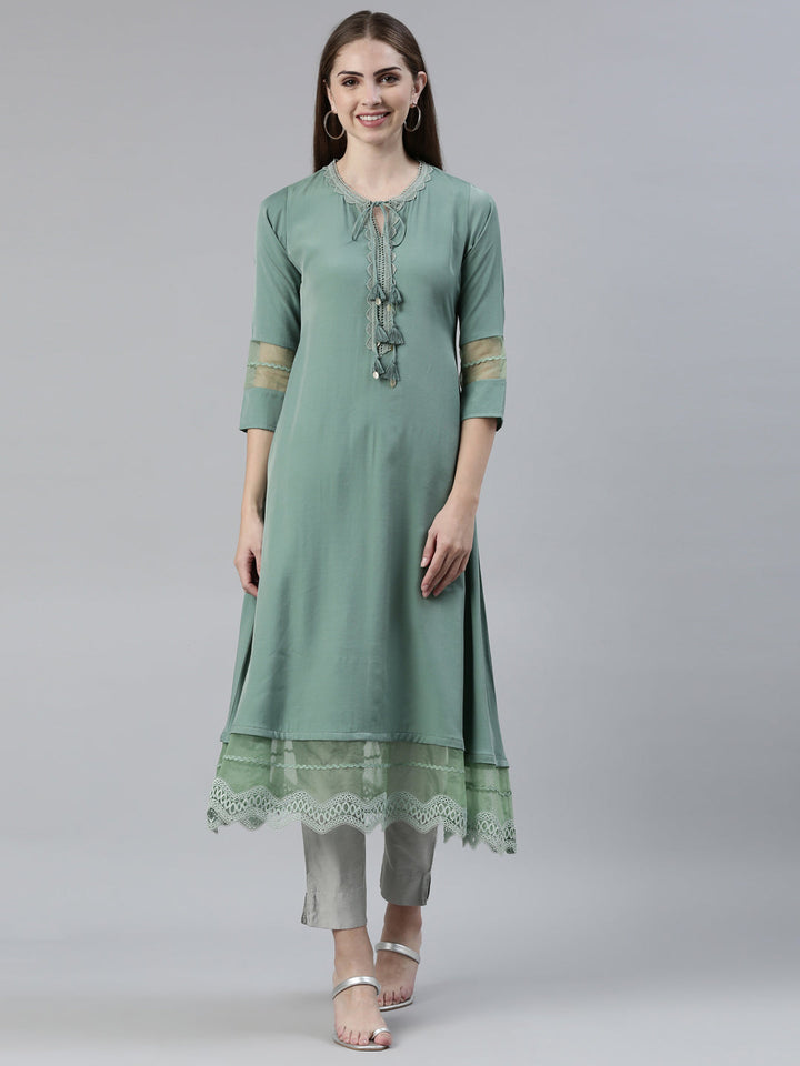 Neerus Green viscose rayon solid A-line kurti - front view