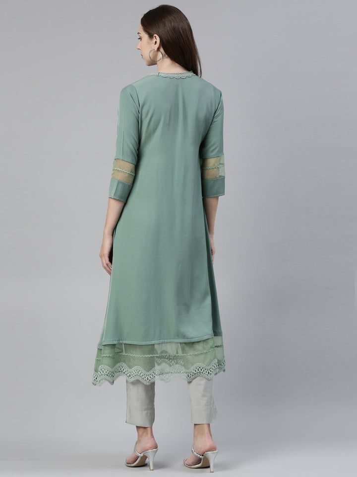 Neerus Green viscose rayon solid A-line kurti - side view