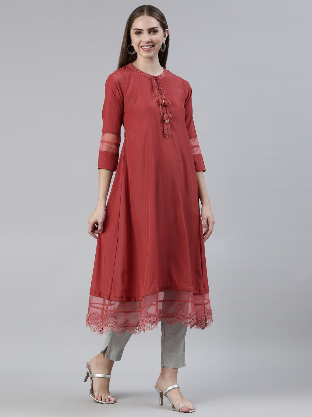 Neerus Orange viscose rayon thread embroidered anarkali kurti - back view