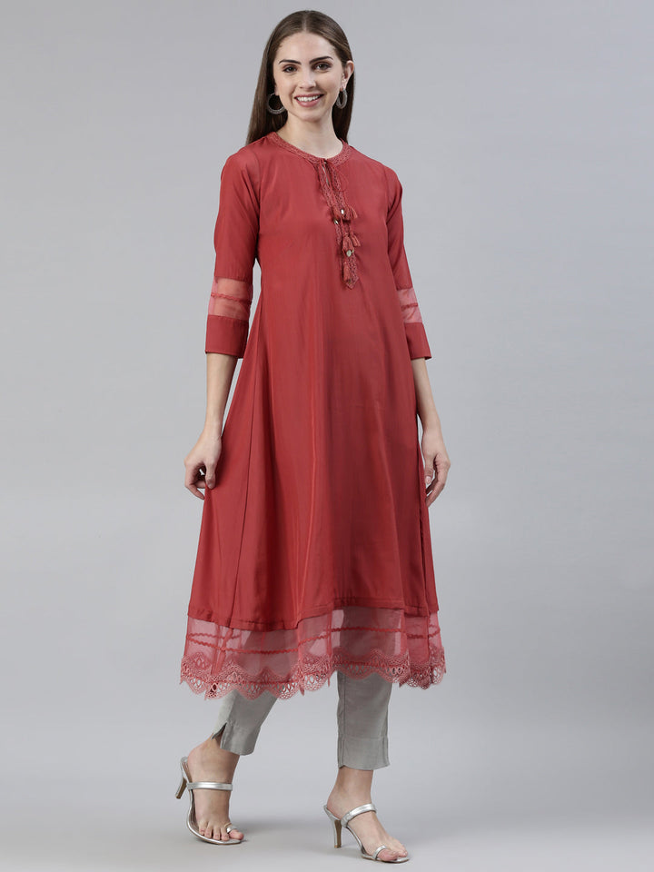 Neerus Orange viscose rayon thread embroidered anarkali kurti - back view
