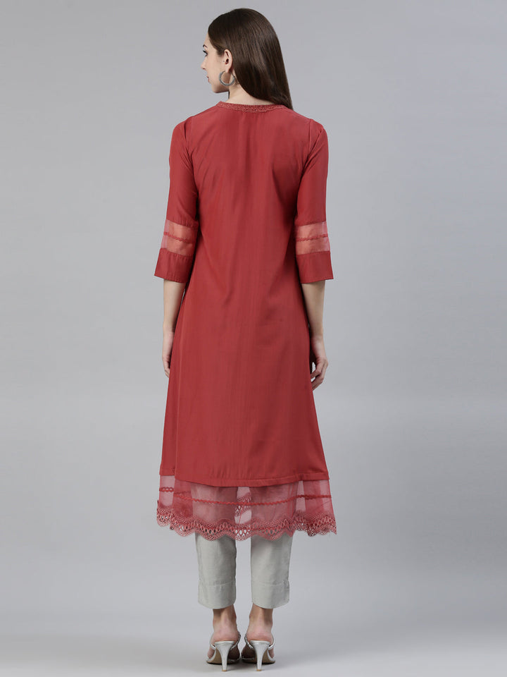 Neerus Orange viscose rayon thread embroidered anarkali kurti - side view