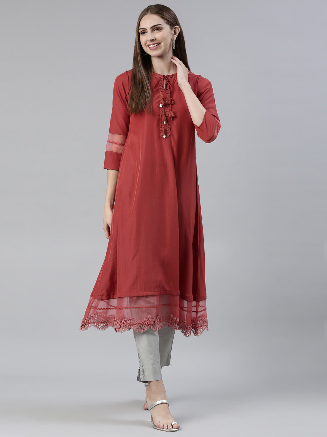 Neerus Orange viscose rayon thread embroidered anarkali kurti - front view