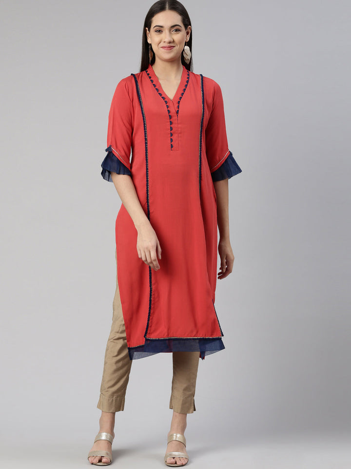 Neerus Brown cotton silk solid A-line kurti - detail view 4