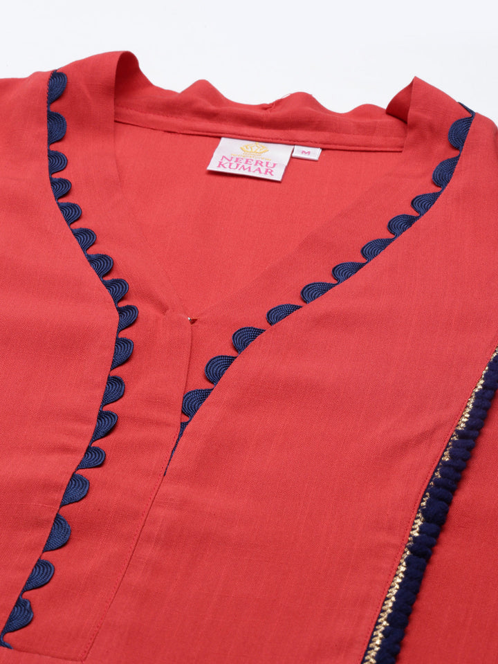 Neerus Brown cotton silk solid A-line kurti - detail view 3