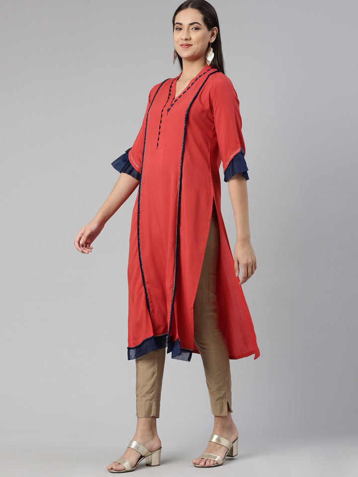Neerus Brown cotton silk solid A-line kurti - back view