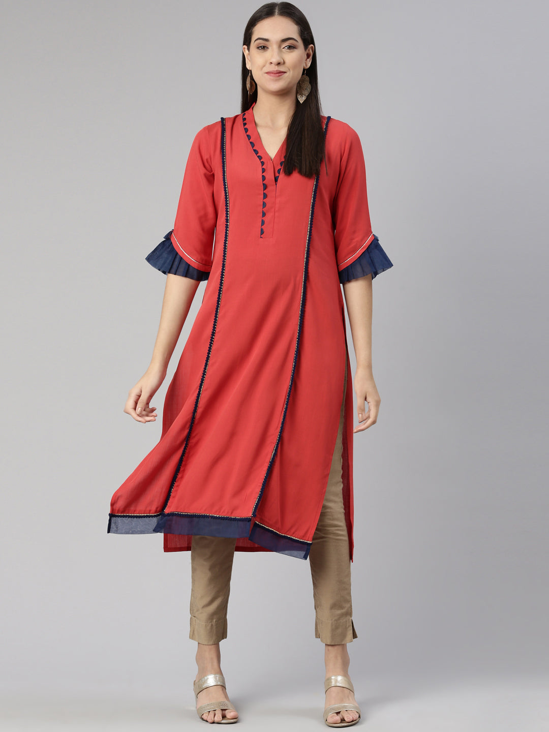 Neerus Brown cotton silk solid A-line kurti - front view