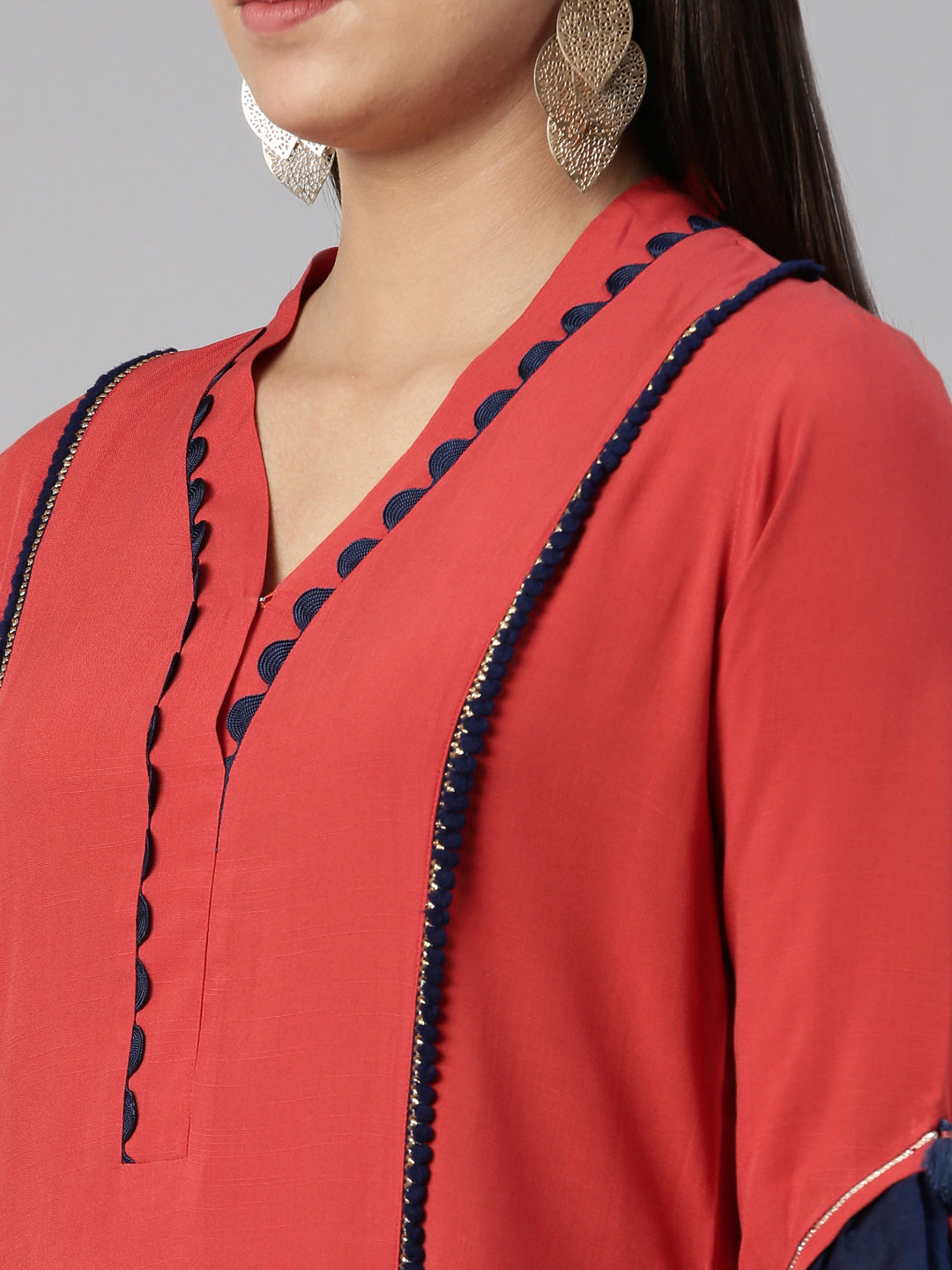 Neerus Brown cotton silk solid A-line kurti - detail view 1