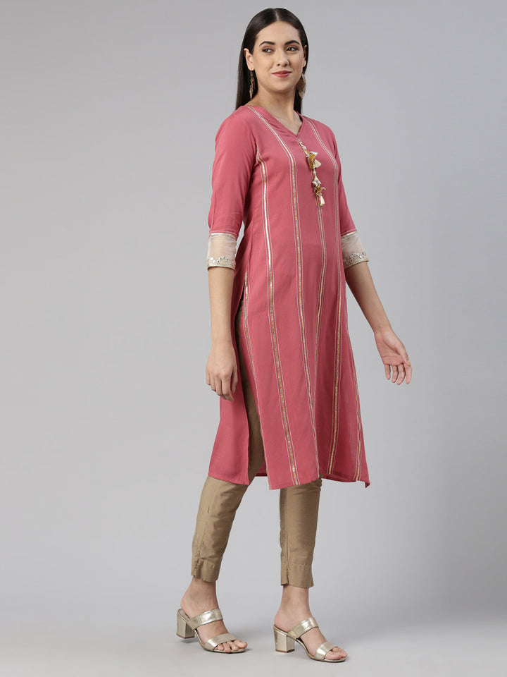 Neerus Pink cotton silk mirror work kurti - back view