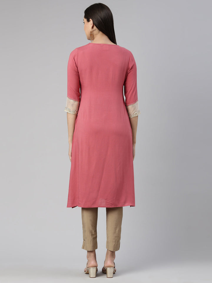 Neerus Pink cotton silk mirror work kurti - side view