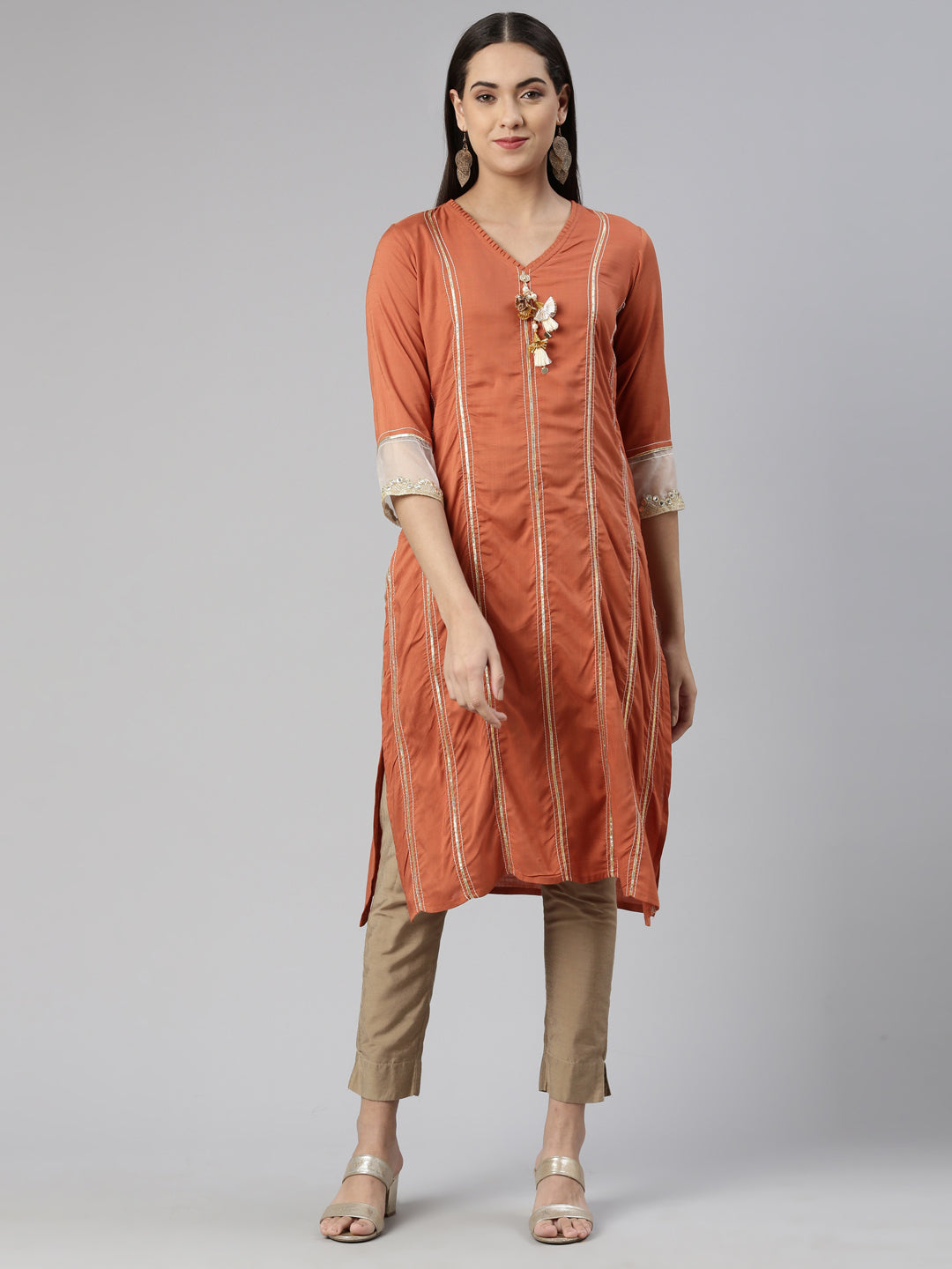 Neerus Orange cotton silk embroidered straight kurti - front view