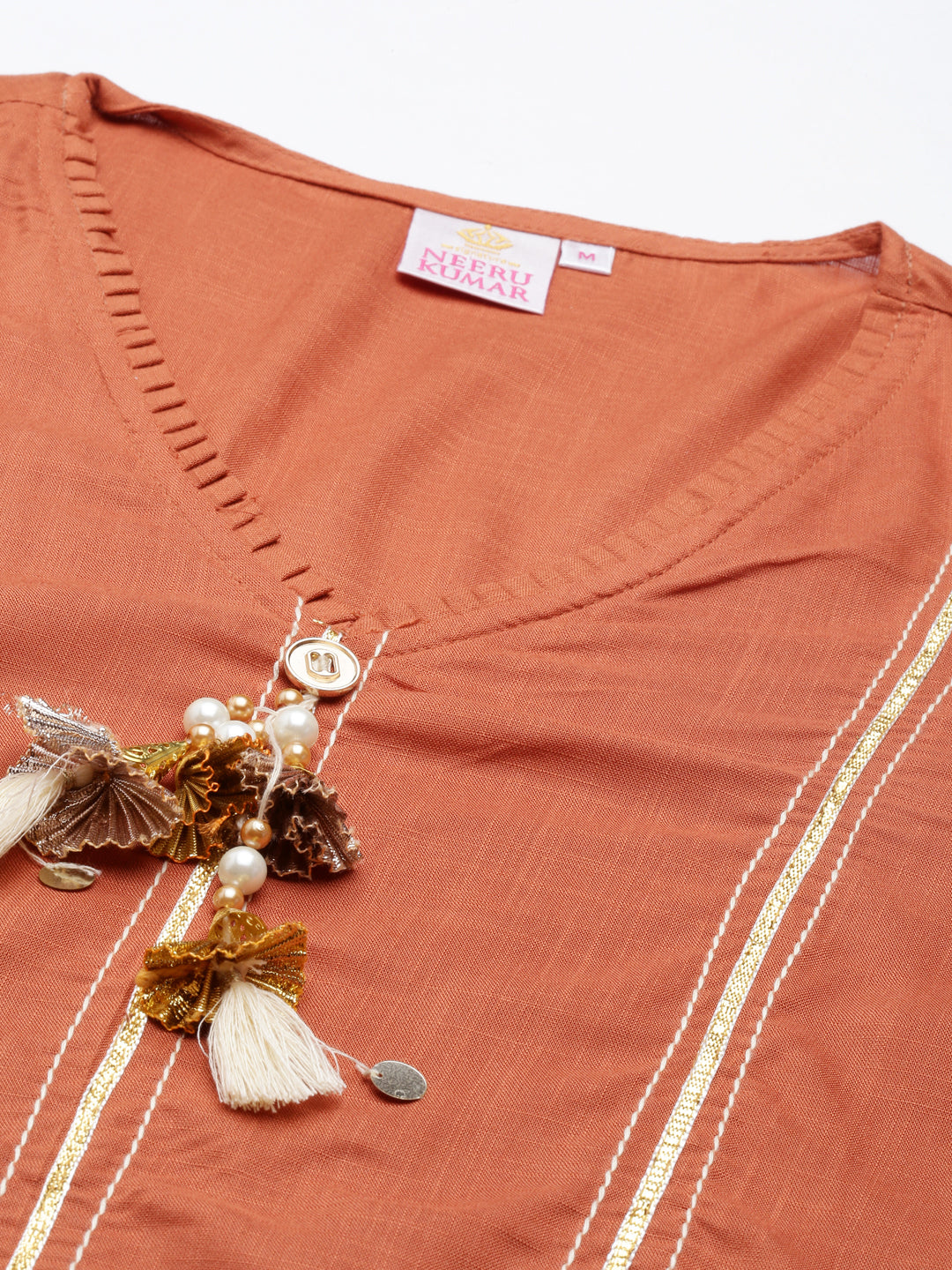 Neerus Orange cotton silk embroidered straight kurti - detail view 3