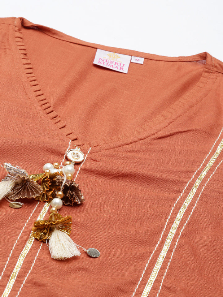 Neerus Orange cotton silk embroidered straight kurti - detail view 3
