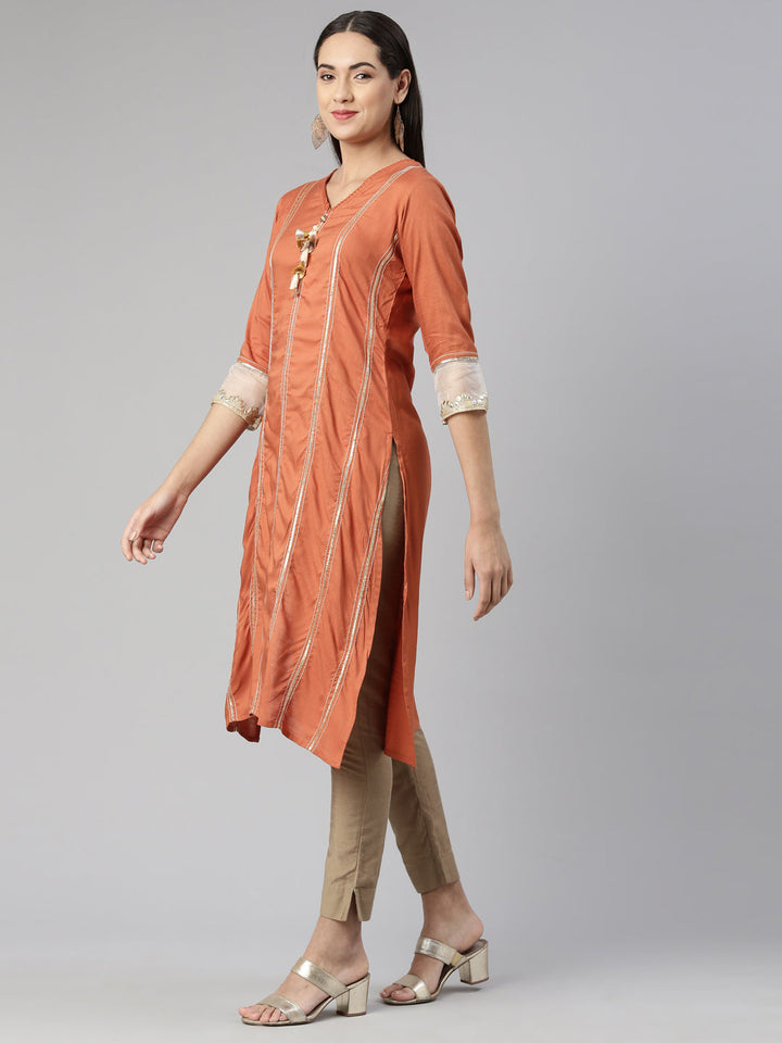 Neerus Orange cotton silk embroidered straight kurti - back view