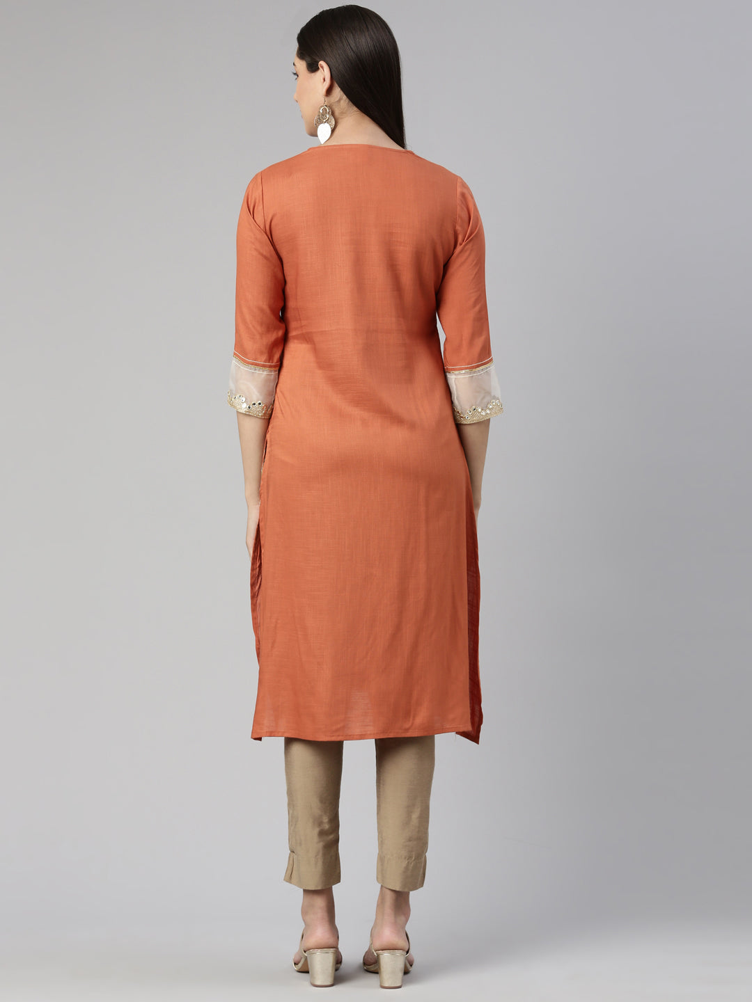 Neerus Orange cotton silk embroidered straight kurti - side view
