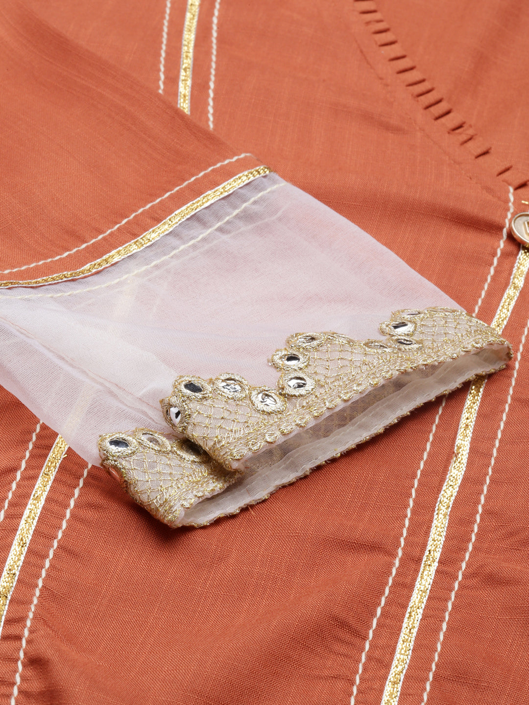 Neerus Orange cotton silk embroidered straight kurti - detail view 2