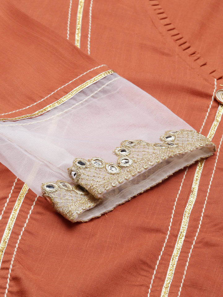 Neerus Orange cotton silk embroidered straight kurti - detail view 2