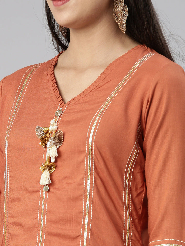Neerus Orange cotton silk embroidered straight kurti - detail view 1