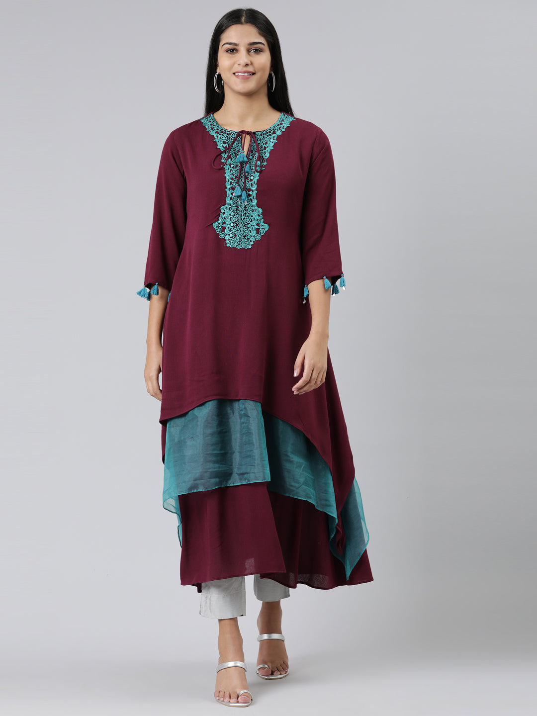 Neerus Maroon Viscose Rayon Embellished A-Line Kurti - front view