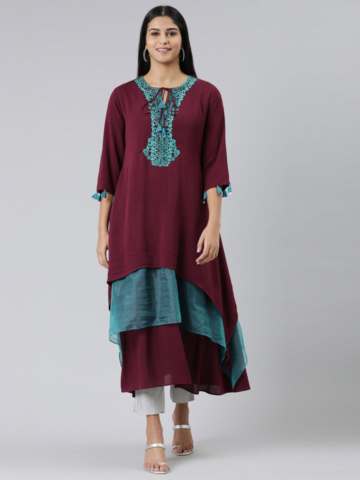 Neerus Maroon Viscose Rayon Embellished A-Line Kurti - front view