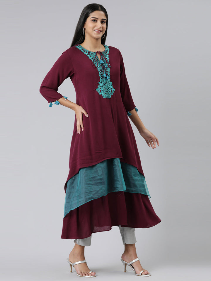 Neerus Maroon Viscose Rayon Embellished A-Line Kurti - back view