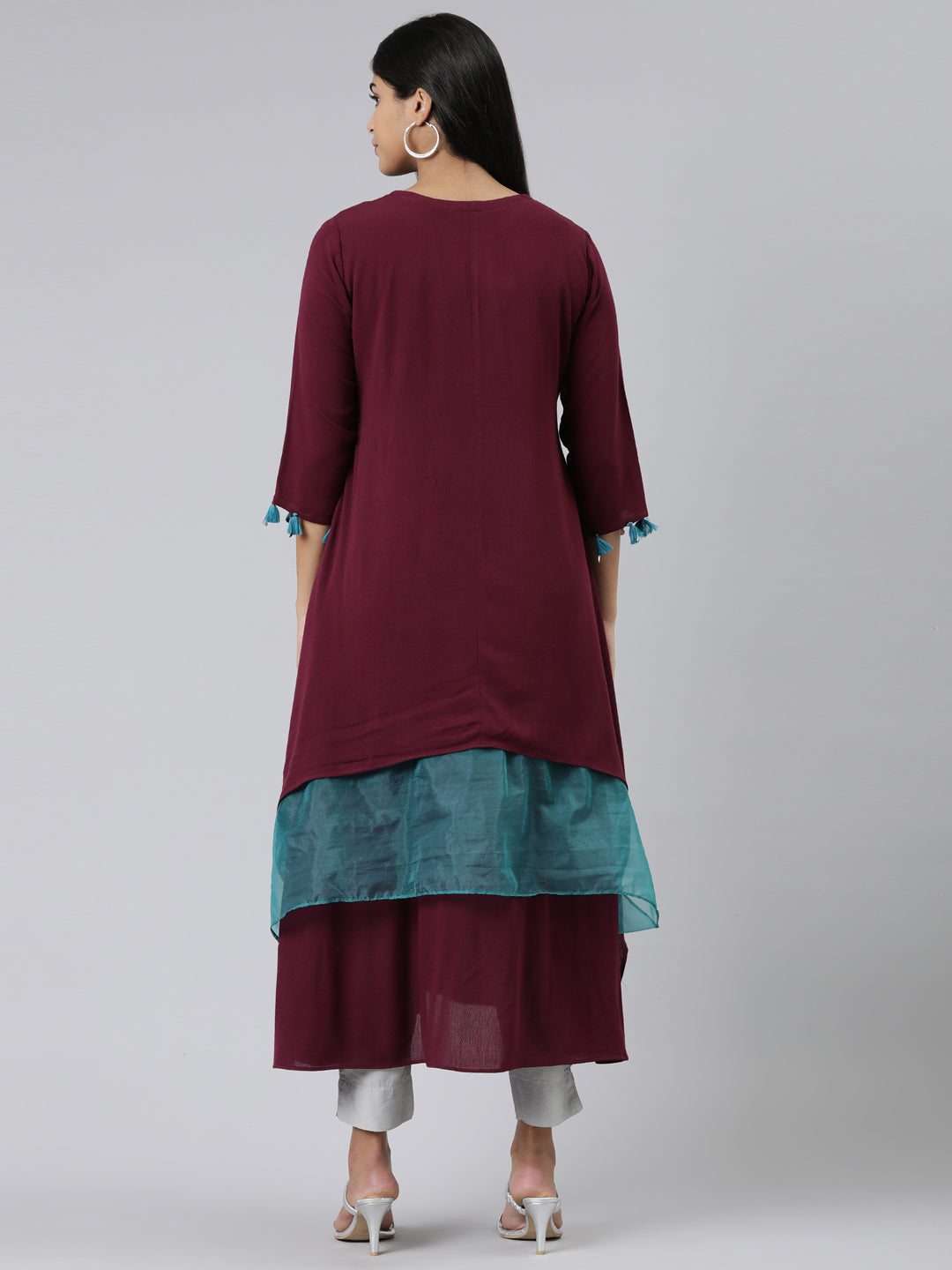 Neerus Maroon Viscose Rayon Embellished A-Line Kurti - side view