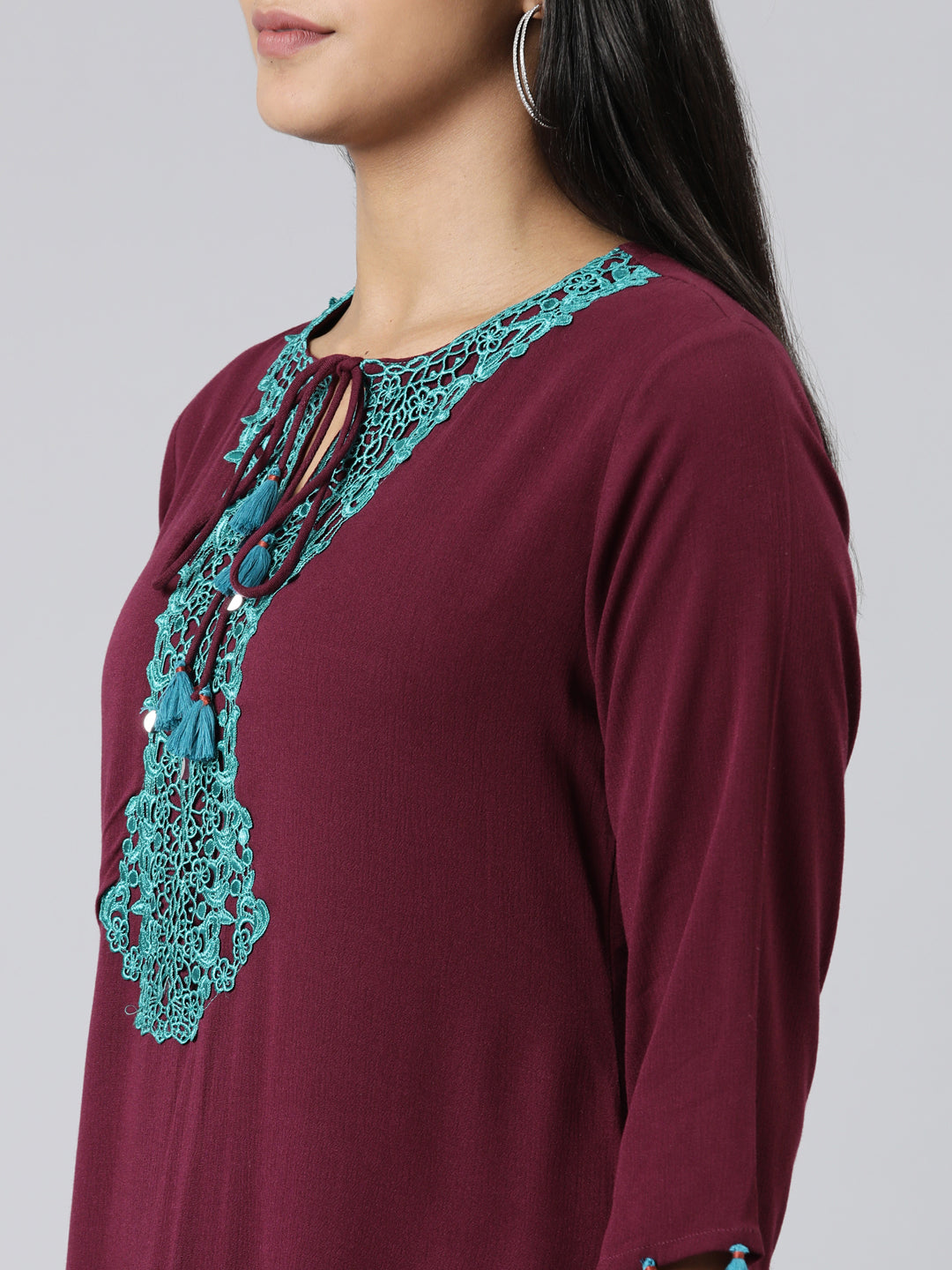 Neerus Maroon Viscose Rayon Embellished A-Line Kurti - detail view 2