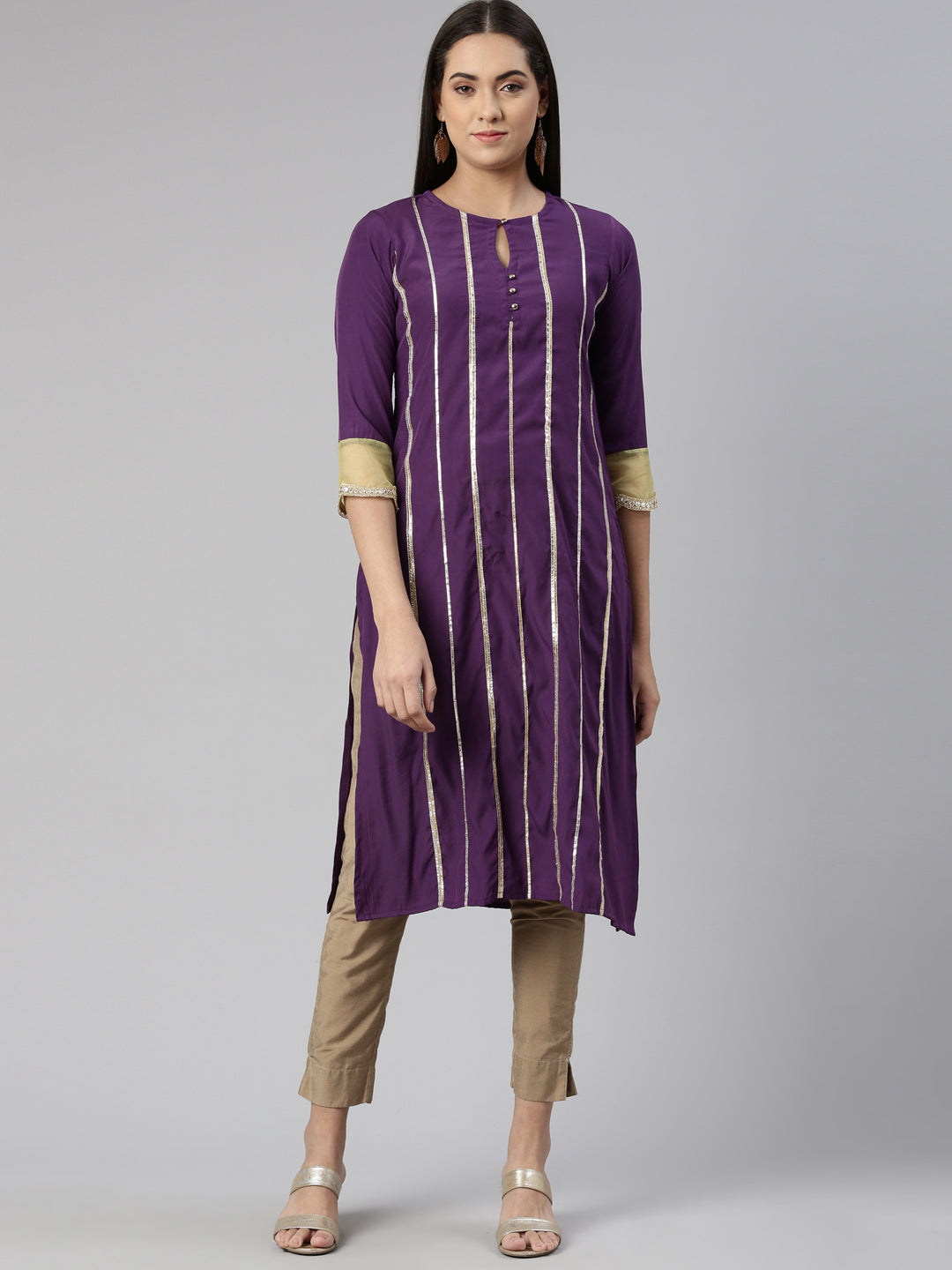 Neerus Purple crepe striped kurti keyhole neck - front view