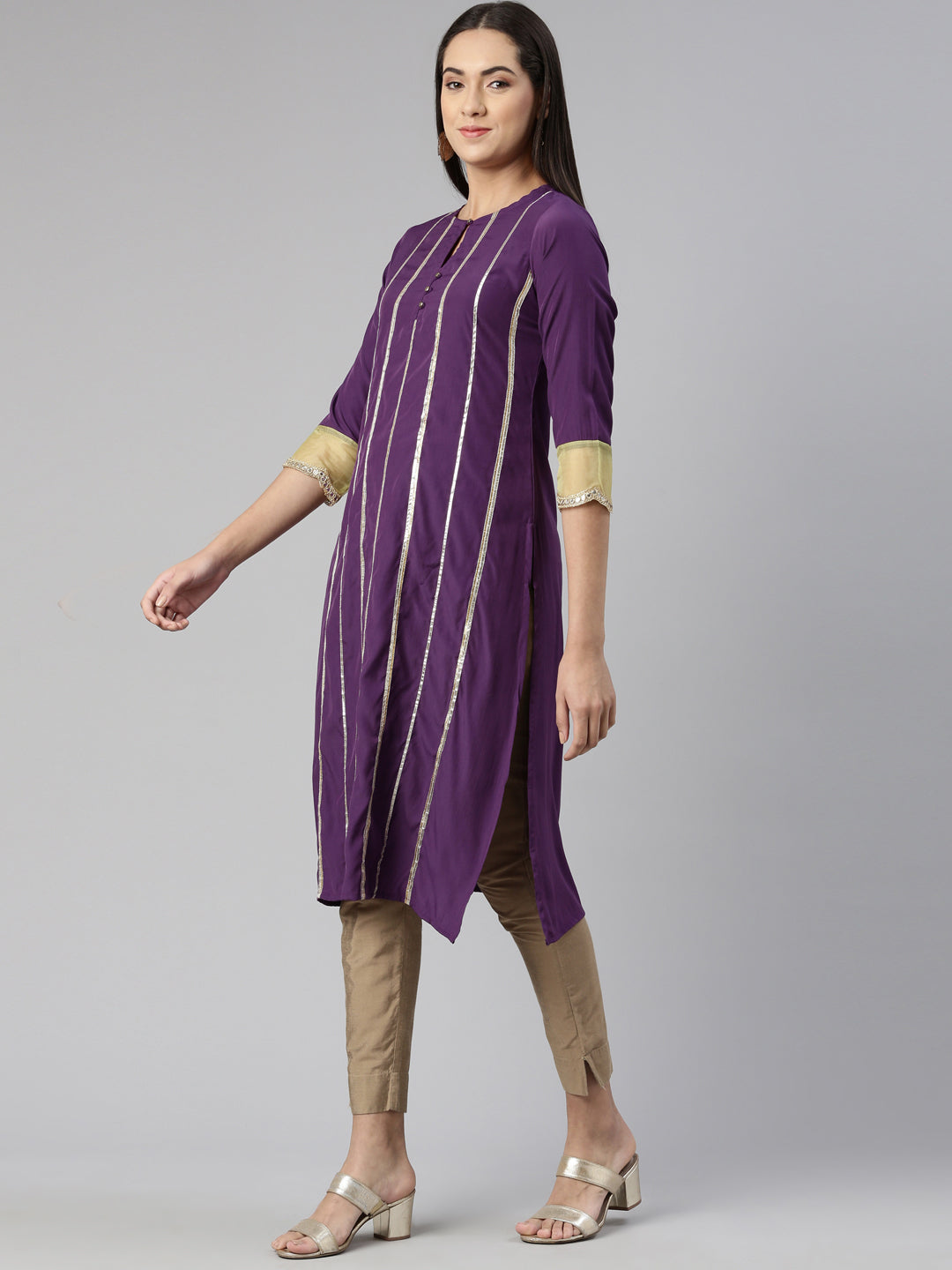 Neerus Purple crepe striped kurti keyhole neck - back view