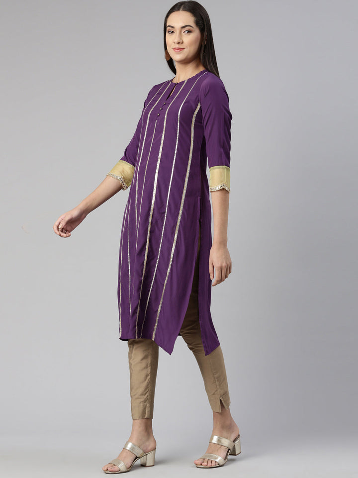 Neerus Purple crepe striped kurti keyhole neck - back view